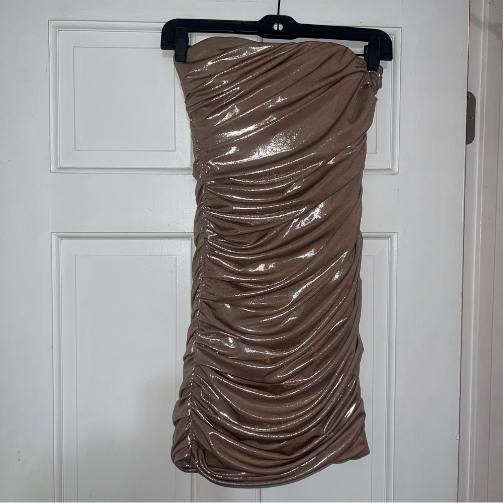 NWT Zara Gold Metallic Ruched Strapless Mini Dress Size XXS